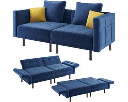 Deelbare Bank met Slaapfunctie, Slaapbank, 2-Zits, Fluwelen Slaapbank met 4 Kussens, 170 x 80 x 72,5 cm, Multifunctionele Slaapstoel voor Woonkamer/Slaapkamer/Logeerkamer, Blauw