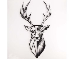 Deer Metal Wall Art - Wanddecoratie - Geometric Deer Head decor - Muurdecoratie Woonkamer Zwart - 48x91 cm