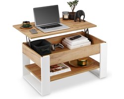defiPad Salontafel met opklapbaar blad, plank en opbergruimte - Industrieel, Loftstijl - Wit + Eiken Craft