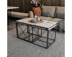 Defne Salontafelset | 100% MELAMINE | Wit marmer, zwart - Asir Group - Salontafel - Wit; Zwart - Metaal; Spaanplaat