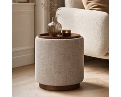 DÉJA Living Bijzettafel Marcia Taupe/Walnoot – Rond – Met Opbergruimte – Chenille en Essenfineer – 40x40x44 cm