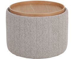 DÉJA Living Salontafel Angela – Rond – Met Opbergruimte – Chenille – Essen Fineer – 55x55x42 cm – Taupe/Naturel
