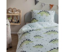 Dekbed-Discounter - Fresh and Co Kids Dekbedovertrek 140 x 200 cm - Verkoelend Polykatoen - Korte instopstrook - Wassen op 40 graden - Inclusief 1 kussensloop - Dino