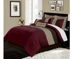 Dekbed Set - Luxe Beddengoed - Slaapkamer Decoratie - Gestreepte Plissé - 8-Delig - Bordeaux Bruin