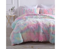 Dekbed Set - Pluche Beddengoed - Slaapkamer Decoratie - Zachte Warme Stof - 3-delig - Regenboog