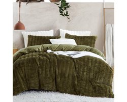 Dekbedovertrek 140x200cm Olijfgroen Pluche Flanel Winter Warm Pluizig Eenpersoonsbed Linnen + 1 Kussensloop 65x65cm Tieners Rits Beddengoed