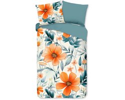 Dekbedovertrek 140x220 cm - Bloemenprint - Oranje/Blauw - 1 Persoons - 100% Katoen - Oeko-Tex Gecertificeerd