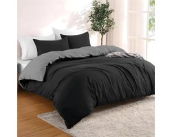 Dekbedovertrek 155x220 cm met 2 kussenslopen 80x80 cm - Zwart/Donkergrijs - 155x220 Bedset in 100% microvezel - 3-delig - Gecertificeerd vrij van chemicaliën