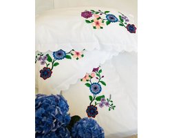 Dekbedovertrek (200 x 220 cm) voor volwassenen met kleurrijk geborduurde bloemen - Tweepersoonsbedmaat /Duvet cover (200 x 220 cm) for adults with colorful embroidered flowers- Double Bed Size