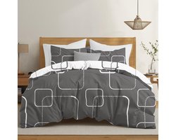 Dekbedovertrek 220x240 cm met 2 kussenslopen 50x70 cm in grijs wit, beddengoedset met ritssluiting, Oeko TEX