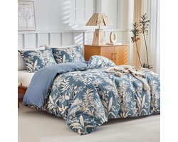 Dekbedovertrek 220x240 cm met 2 kussenslopen 65x65 cm - Tropische Plantenmotieven Beddengoedset 220x240 - van Microvezel met Ritsen, Marineblauw