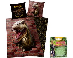 Dekbedovertrek - Dinosaurus - 1 persoons - 140x200 cm - 100% katoen - dubbelzijdig - met 24 glow in the dark Dino's