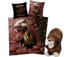 Dekbedovertrek - Dinosaurus - 1 persoons - 140x200 cm - 100% katoen - dubbelzijdig - met pluche Dinosaurus in een ei.