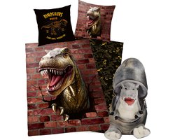 Dekbedovertrek - Dinosaurus - 1 persoons - 140x200 cm - 100% katoen - dubbelzijdig - met pluche Dinosaurus in een ei.