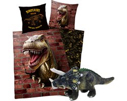 Dekbedovertrek - Dinosaurus - 1 persoons - 140x200 cm - 100% katoen - dubbelzijdig - met pluche Triceratops - 38 cm