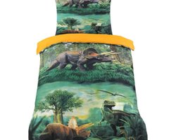 Dekbedovertrek -Dinosaurussen Multi Kleur - Eenpersoons -140x220-cm + 1 kussensloop 60x70cm