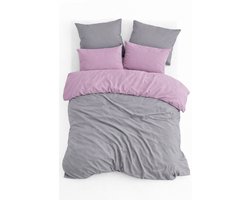 Dekbedovertrek, Dubbelzijdig, 100% Renforcé Katoen, Eenpersoons, 160x220 cm, Inclusief Kussensloop 60x70 cm, Grijs/Lila, Omkeerbaar, Dekbedovertrekset, Zacht & Ademend, Dekbedovertrekken, De Linde Home