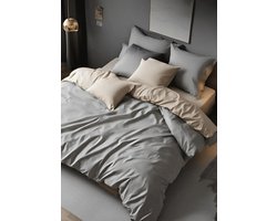 Dekbedovertrek – Dubbelzijdig – Beige/Grijs – Verrijkt met Katoen – 160x220 cm – Eenpersoons – Zacht & Ademend – Omkeerbaar Design – Inclusief 1 stuk Hoeslaken & 1 stuk Kussensloop – Onderhoudsvriendelijk & Duurzaam – De Linde Home