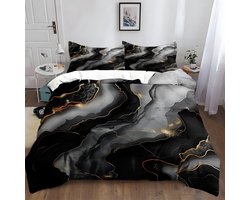 Dekbedovertrek Eenpersoons 135x200 cm - Zwart Marmer Curve Design - 3-delige Polykatoen Set
