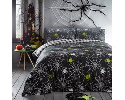 Dekbedovertrek - Eenpersoons Beddengoed (140 x 200cm) - Omkeerbaar (2 ontwerpen) - Zwart geruit - Glow in the Dark - Spinnenwebben Halloween beddengoed met grijze decoraties