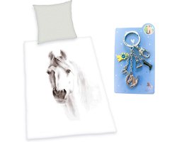 Dekbedovertrek getekend Paard- 1 persoons, katoen- 140x200- incl. 5 delige metalen sleutelhanger