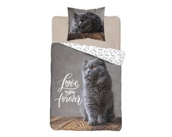 Dekbedovertrek Grijze Poes- Kater- Kitten- 1 persoons- 140x200- Katoen- dubbelzijdig.
