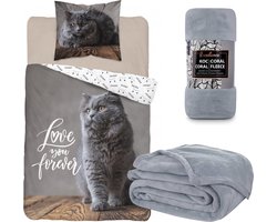 Dekbedovertrek Grijze Poes- Kater- Kitten- 1 persoons- 140x200- Katoen- inclusief fleece-deken