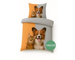 Dekbedovertrek Hond en Kat - 140x220 - 1 persoon - Oranje grijs - Ademend - Wasbaar - Perfect voor Kinderen & Dierenliefhebbers