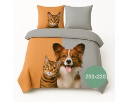 Dekbedovertrek Hond en Kat - 200x220 - 2 persoon - Oranje grijs - Ademend - Wasbaar - Perfect voor Kinderen & Dierenliefhebbers
