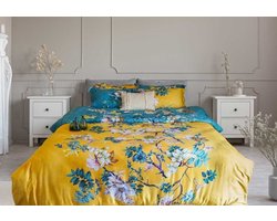 Dekbedovertrek Katoen Satijn Floral Vine Yellow & Blue - Lits Jumeaux 240x200/220 cm + 2 Kussenslopen - 350TC Zeer mooie kwaliteit