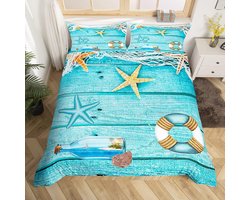Dekbedovertrek Nautisch Thema voor Kinderen - Turquoise Blauw met Houten Effect