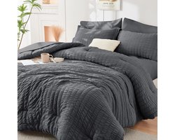 Dekbedovertrek Set - 5 Delig Beddengoed Set - Twin XL Bed in a Bag - Seersucker Dekbedovertrek - Microfiber Beddengoed - Diep Hoeslaken - Kreukvrij - Donkergrijs