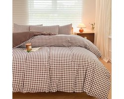 Dekbedovertrek Set - Beddengoed Hoes - Slaapkamer Decoratie - Zachte Microvezel - Queen Size - Donkerbruin Geruit