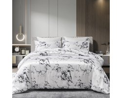 Dekbedovertrek Set - Beddengoed Satijn - Comfortabel Slapen - Marmer Look - 155x220cm + 2x80x80cm - Zwart Wit Grijs
