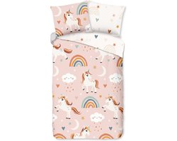 Dekbedovertrek voor Kinderen - 140x200 cm - Eenhoorns en Regenbogen Print - Roze - 1 Persoons - 100% Microfiber