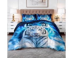 Dekbedovertrek zonder dekbedovertrek 200 x 200 cm - Fancy dier tijger wit, sterrenhemel blauw, omkeerbaar 4 seizoenen - Beddengoedset met 2 kussenslopen 65 x 65 cm, wasbaar dekbed voor 1-2 personen