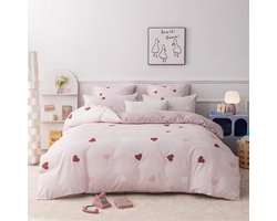 Dekbedovertrekset 200x200 cm Meisjes Hartjes Rood Roze Wit Kinderbeddengoed 3-Delig met Ritssluiting