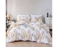 Dekbedovertrekset 220x240 cm 2 personen en 2 x kussenslopen 50x75 cm 100% microvezel beddengoedset gouden tropische bladeren botanisch patroon met rits, wit goud