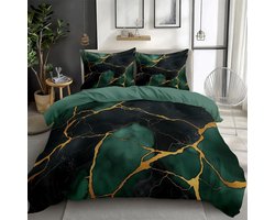 Dekbedovertrekset 220x240 cm Marmer Groen Zwart Polycatoen Inclusief Kussenslopen