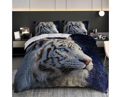 Dekbedovertrekset - Beddengoed set - Slaapkamer decoreren - Artistieke witte tijger - 140x200 cm - Blauw