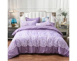 Dekbedovertrekset King Size met Geborduurd Kant en Kussenslopen - Paars Microfiber Beddengoed