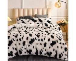 Dekbedovertrekset van imitatiebont met pluizige koeienprint beddengoed dekbedovertrek en sets, luxe ultrazacht kristal fluwelen omgekeerde pluizige dekbedovertrekset 3-delig (wit