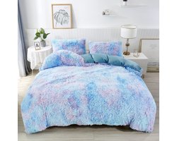 Dekbedovertrekset van imitatiebont, tweepersoons beddengoedsets voor meisjes, blauwe tie-dye pluche en fluwelen flanellen dekbedovertrek met 2 kussenslopen (kleurrijk