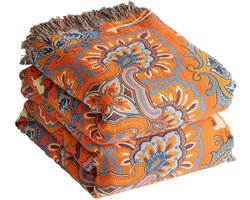 Deken - 100% Katoen Dubbelzijdig Mousseline Boho - Voor Bank & Bed - Oranje/Blauw 150x200cm