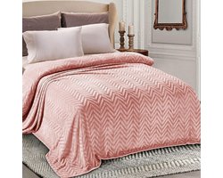 Deken, Knuffeldeken met chevron patroon, 220 x 240 cm, warme sprei, woondeken, superzachte en behaaglijke fleecedeken, flanellen deken, roze