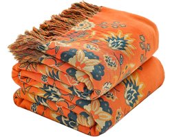 Deken – Plaid – 150×200 cm – Geschikt voor banken, bedden & stoelen – Katoen – Zacht – Lichtgewicht doorgestikt plaid – Bloemenprint – Rustieke landelijke stijl – Geschikt voor alle seizoenen – Oranje