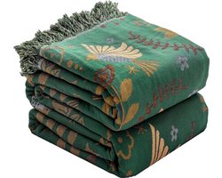 Deken/bankdeken in Boheemse stijl, 100% zuiver katoen, geschikt voor alle seizoenen, lichtgewicht, zacht en comfortabel, decoratieve deken van dubbelzijdig katoen in boerderijstijl, perfect voor op reis en picknicks, groen, 152 x 203 cm.