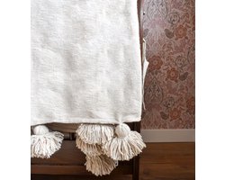 Dekentje - pompom deken creme wit – Ideaal als sprei voor je bed of deken voor op de bank - 180 x 300cm - Plaid woon- en slaapkamer