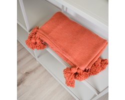 Dekentje - pompom deken oranje – Handgemaakt - Ideaal als sprei voor je bed of deken voor op de bank - 200 x 150 cm - Plaid woon- en slaapkamer