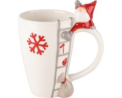 Dekoratief | Mok m/santa op ladder, wit/rood, keramiek, 13x9x10cm | A235200